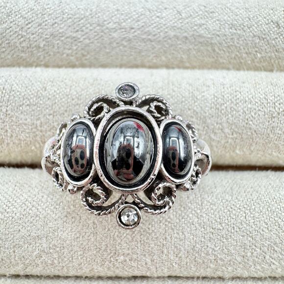 Vintage Avon Midnight Splendor Faux? Hematite Ring Crystals Opulent Ornate 1972 - Picture 4 of 15